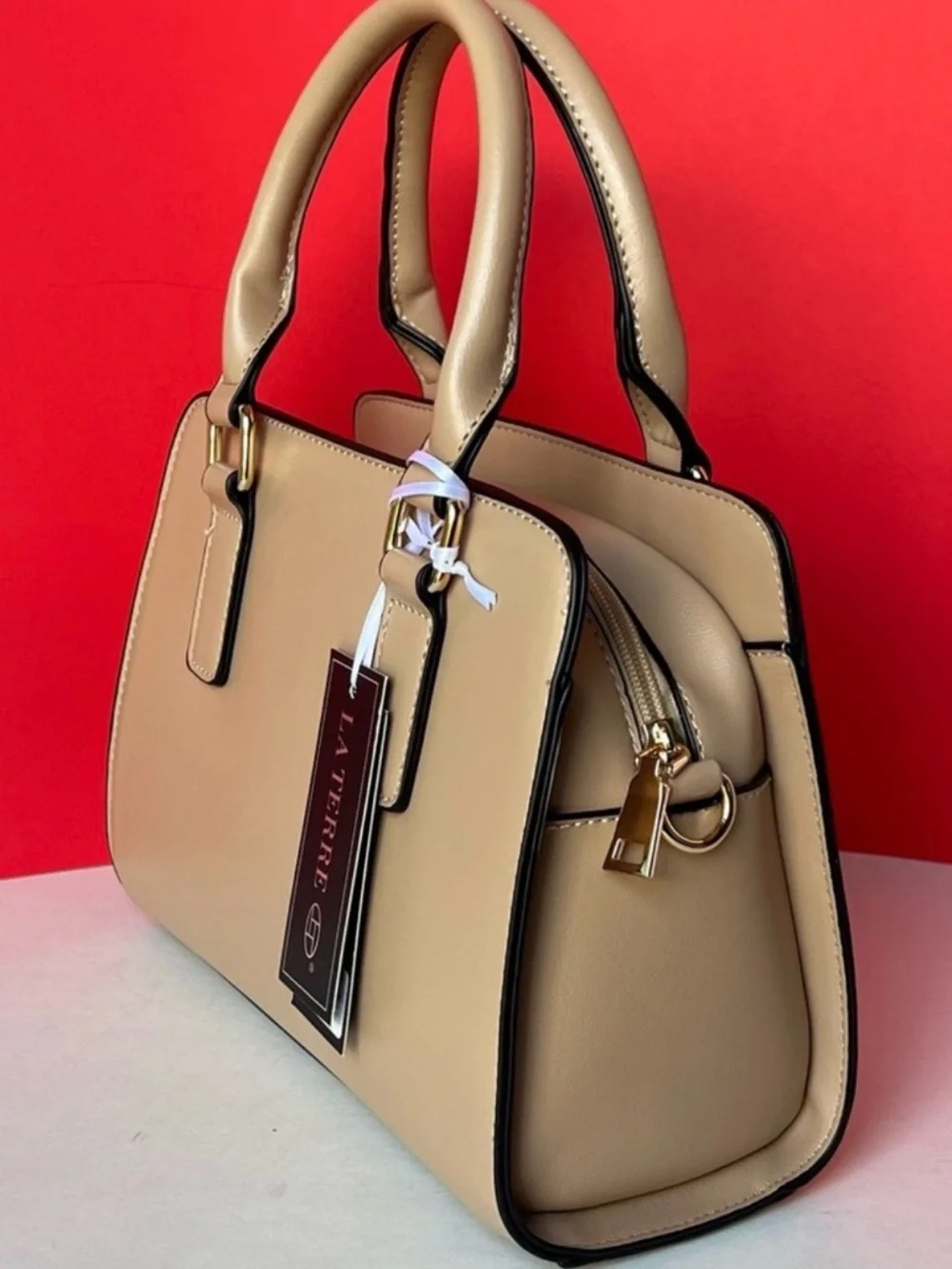 La Terre Beige Structured Crossbody Satchel